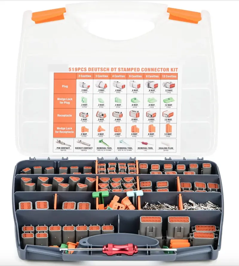 519 Piece Deutsch Dt Connector Kit In 2,3,4,6,8,12 Pin Configurations, Size 16 Stamped Formed Contacts 1